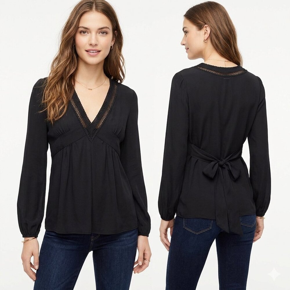 Ann Taylor 100% Silk Blouse Crochet Trim V-Neck Empire Waist Tie Back Size 4